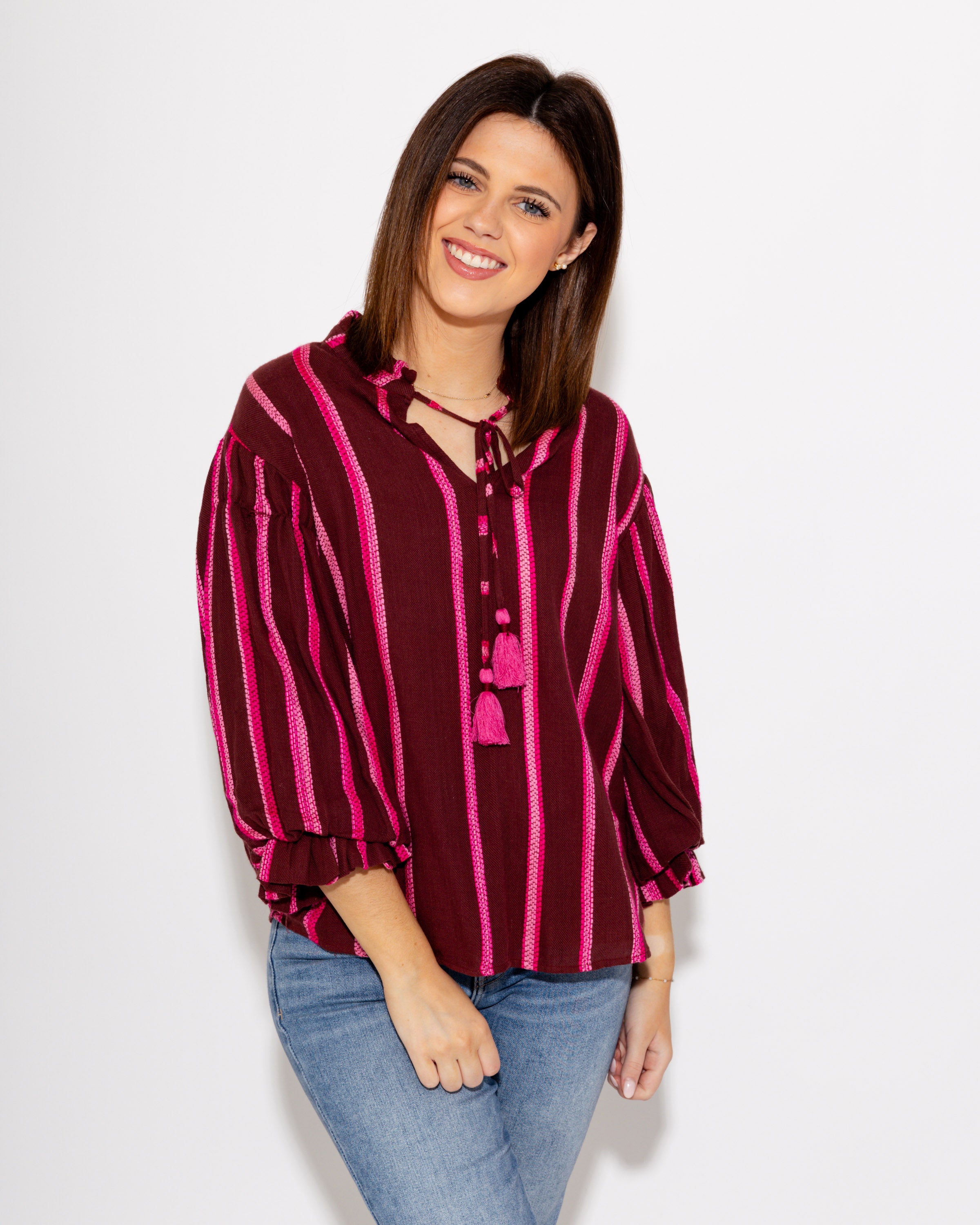 Balloon Sleeve Stripe Top in Wine