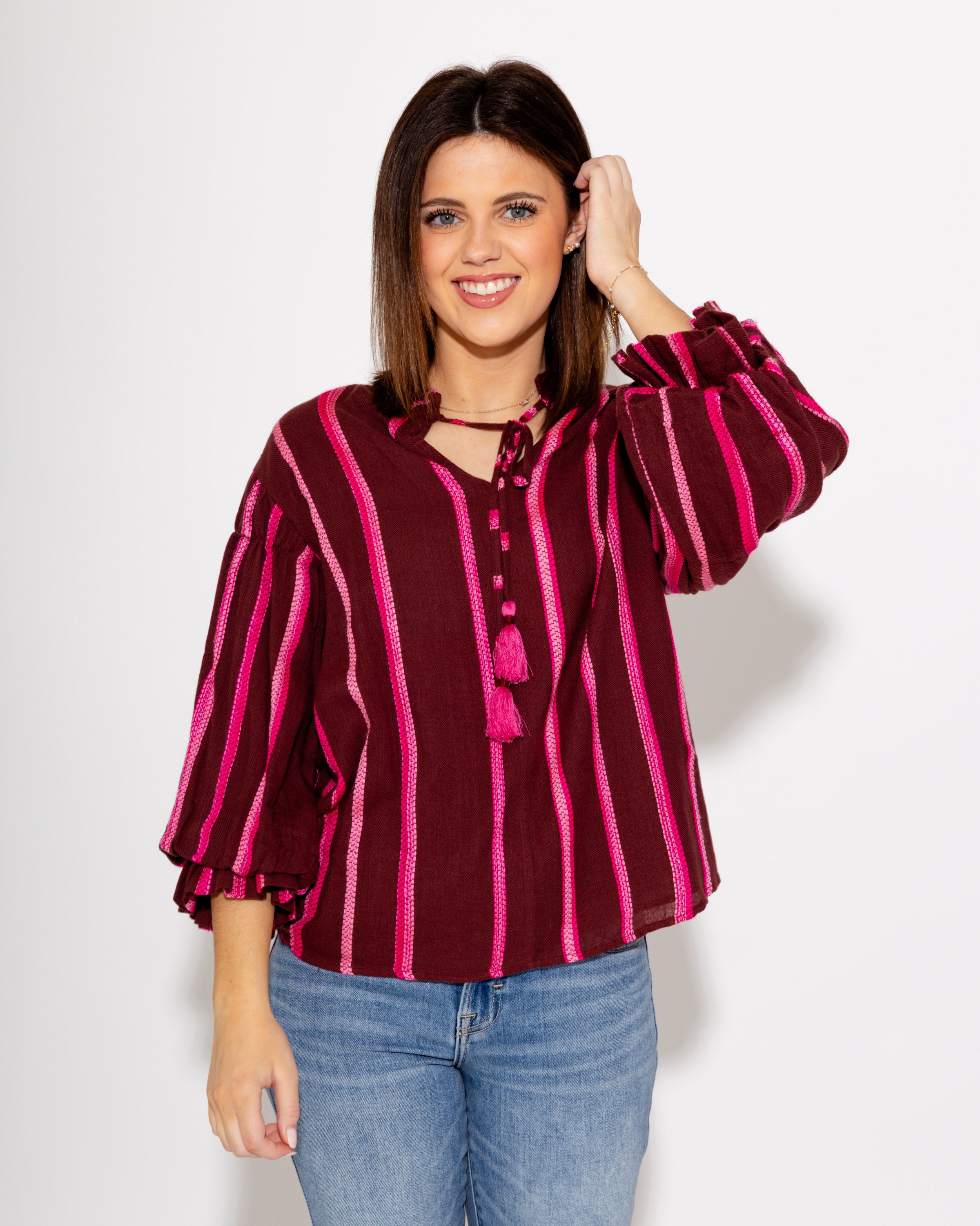 Balloon Sleeve Stripe Top in Wine
