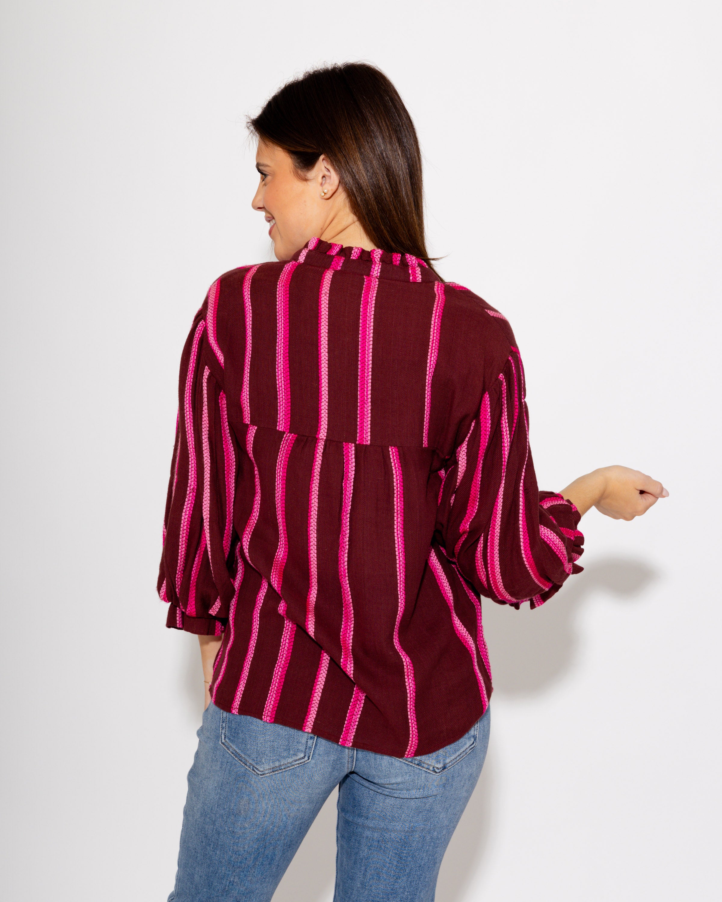 Balloon Sleeve Stripe Top in Wine