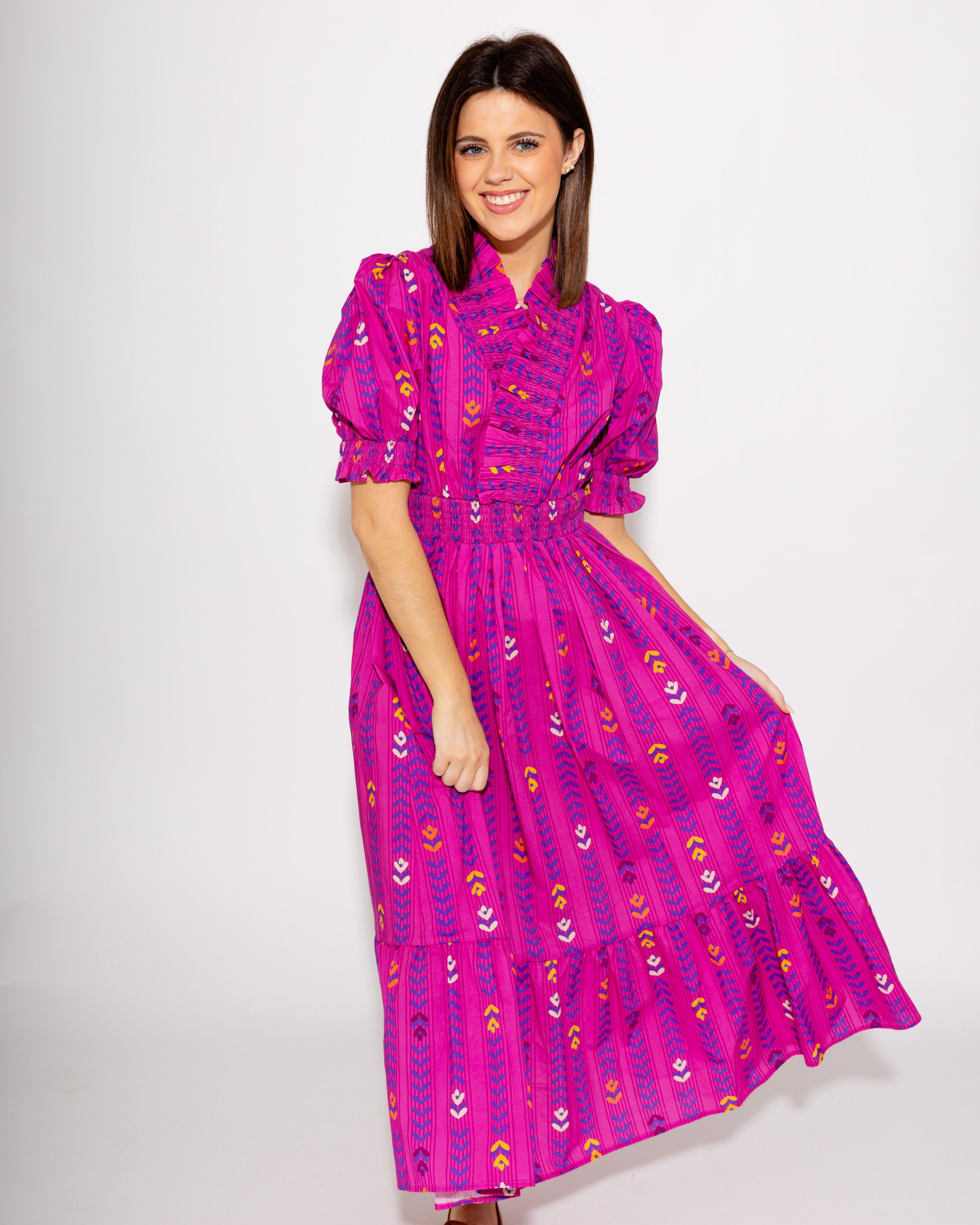 Magenta Puff Sleeve Smocked Neck Dress