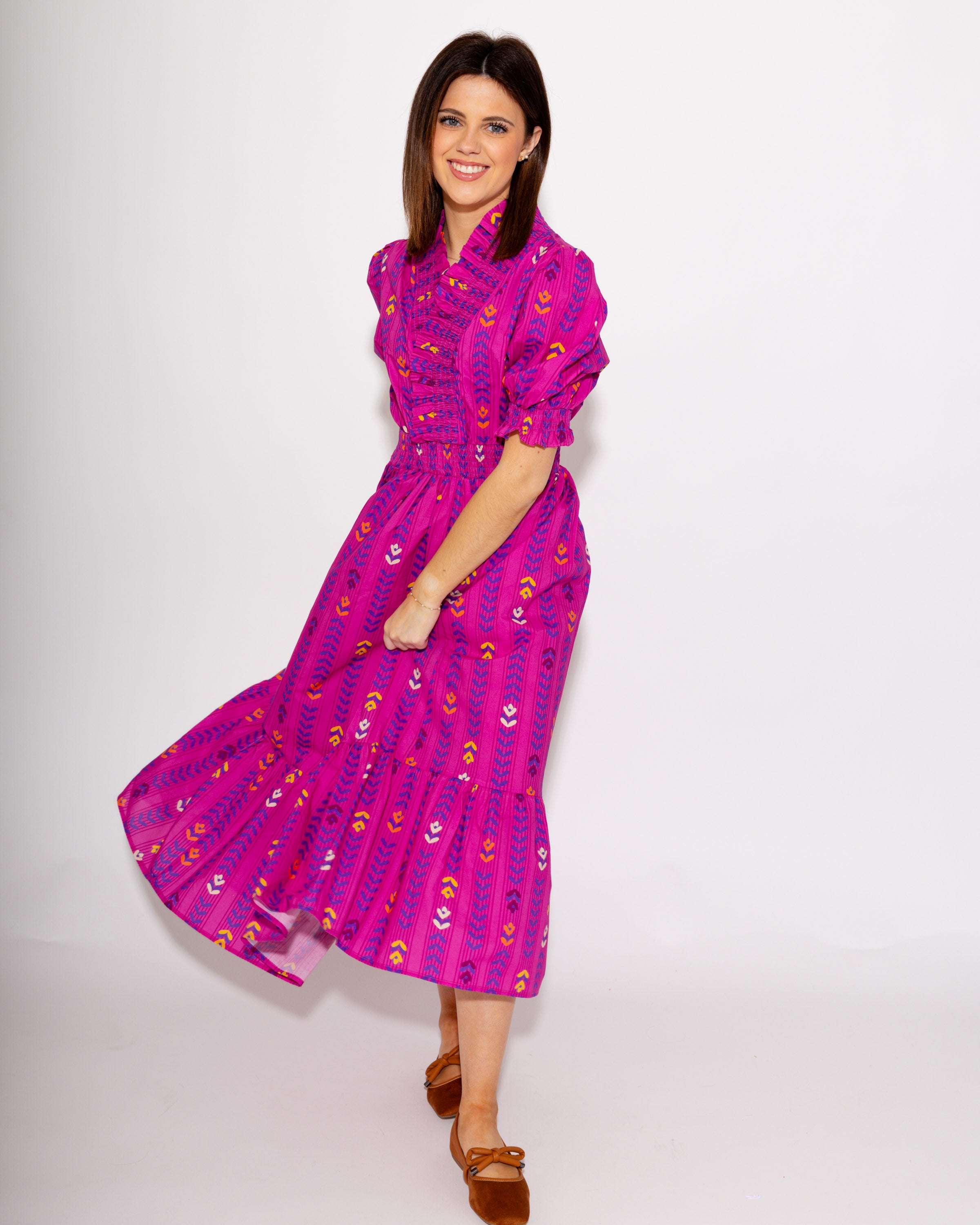 Magenta Puff Sleeve Smocked Neck Dress