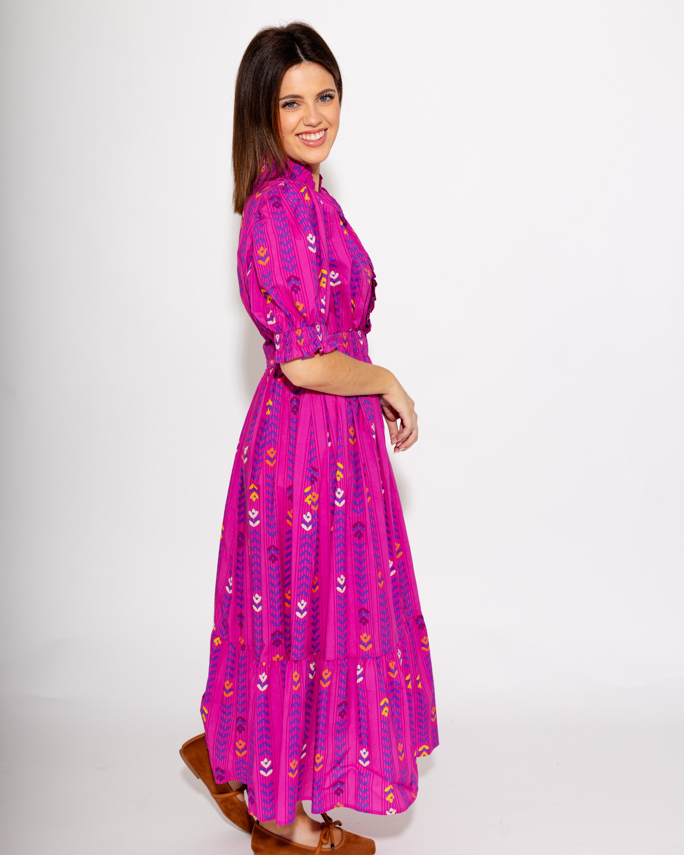 Magenta Puff Sleeve Smocked Neck Dress