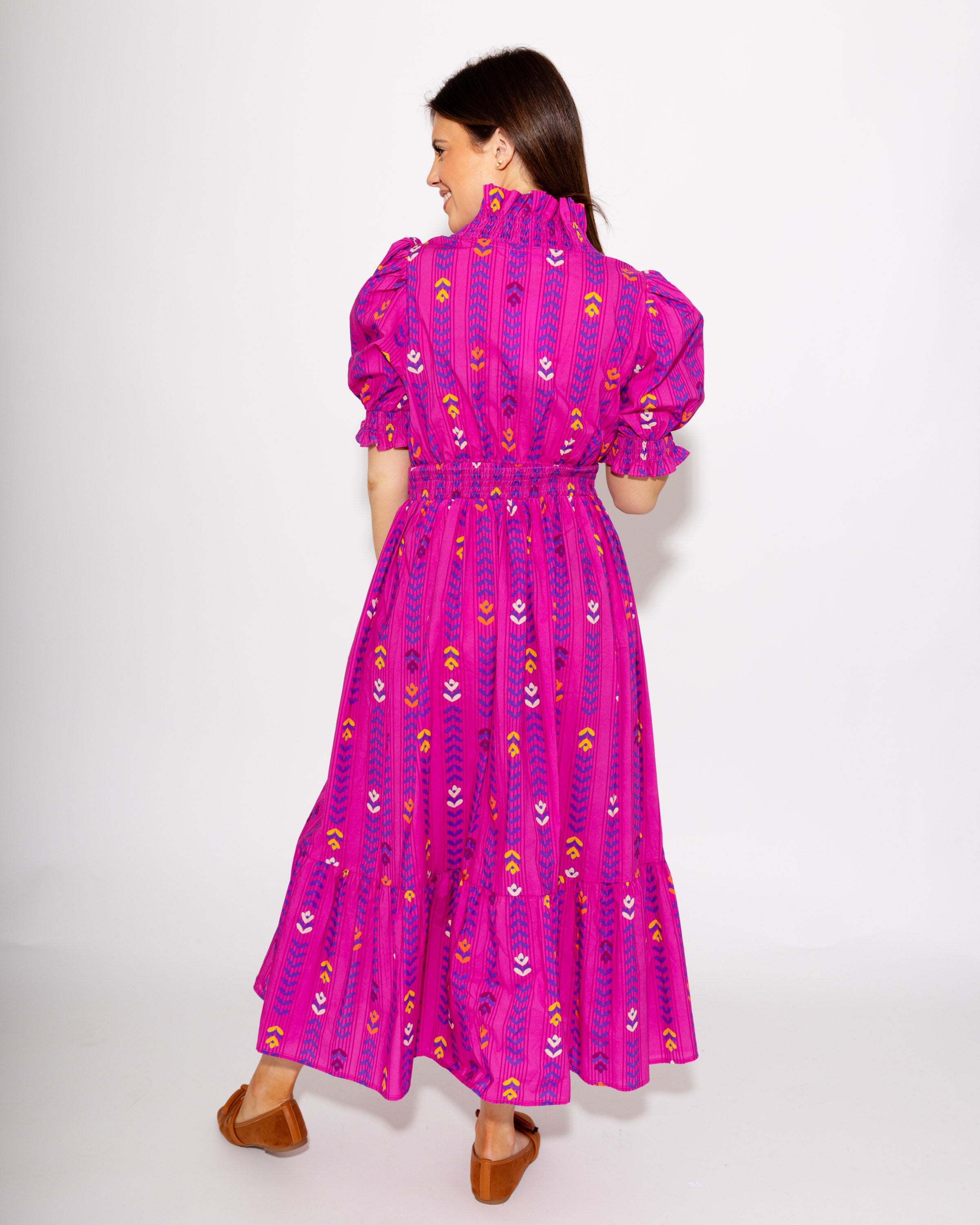Magenta Puff Sleeve Smocked Neck Dress