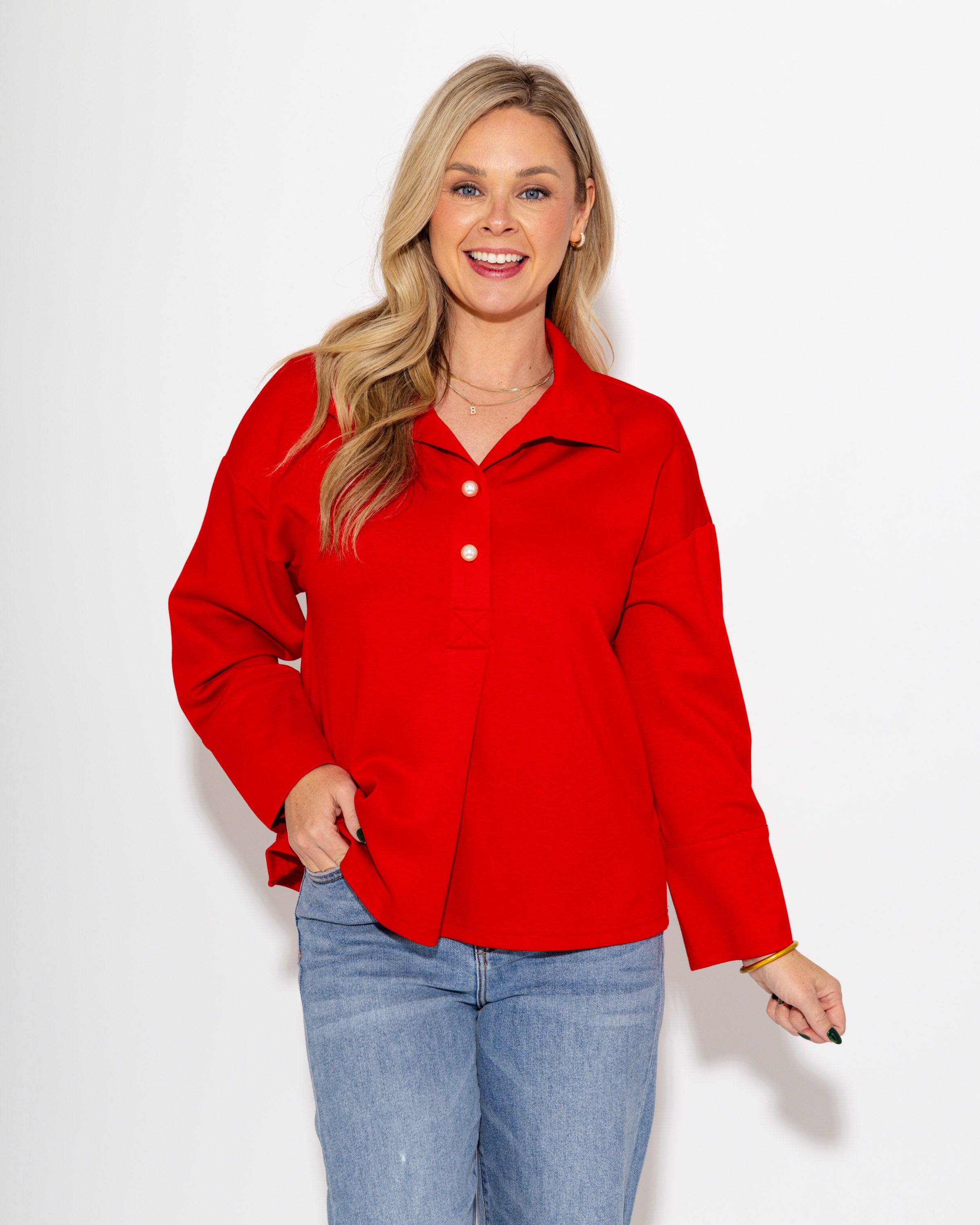 Pearl & Pleat Long Sleeve Blouse In Red