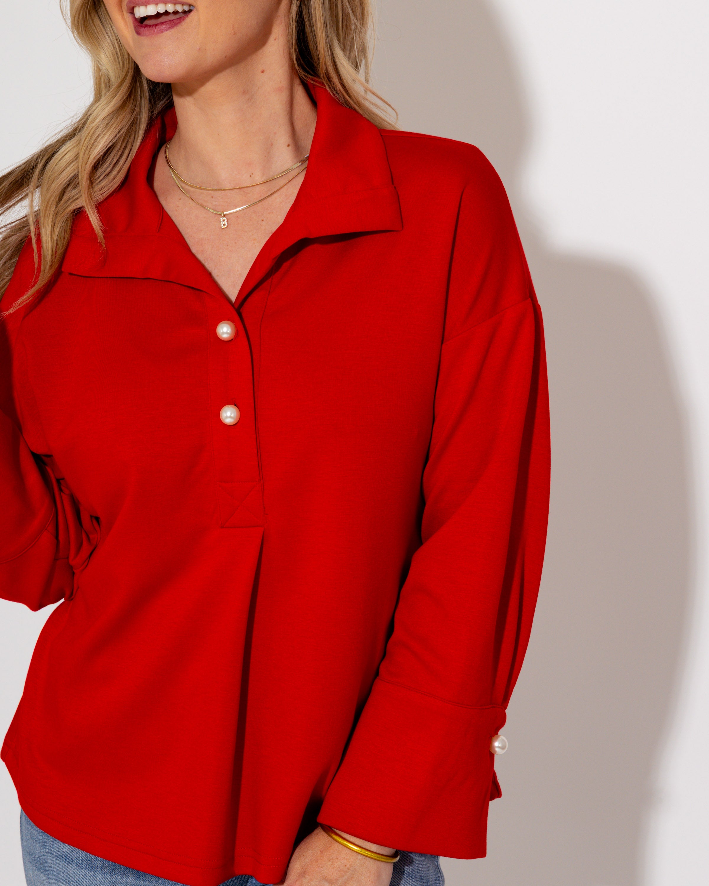 Pearl & Pleat Long Sleeve Blouse In Red