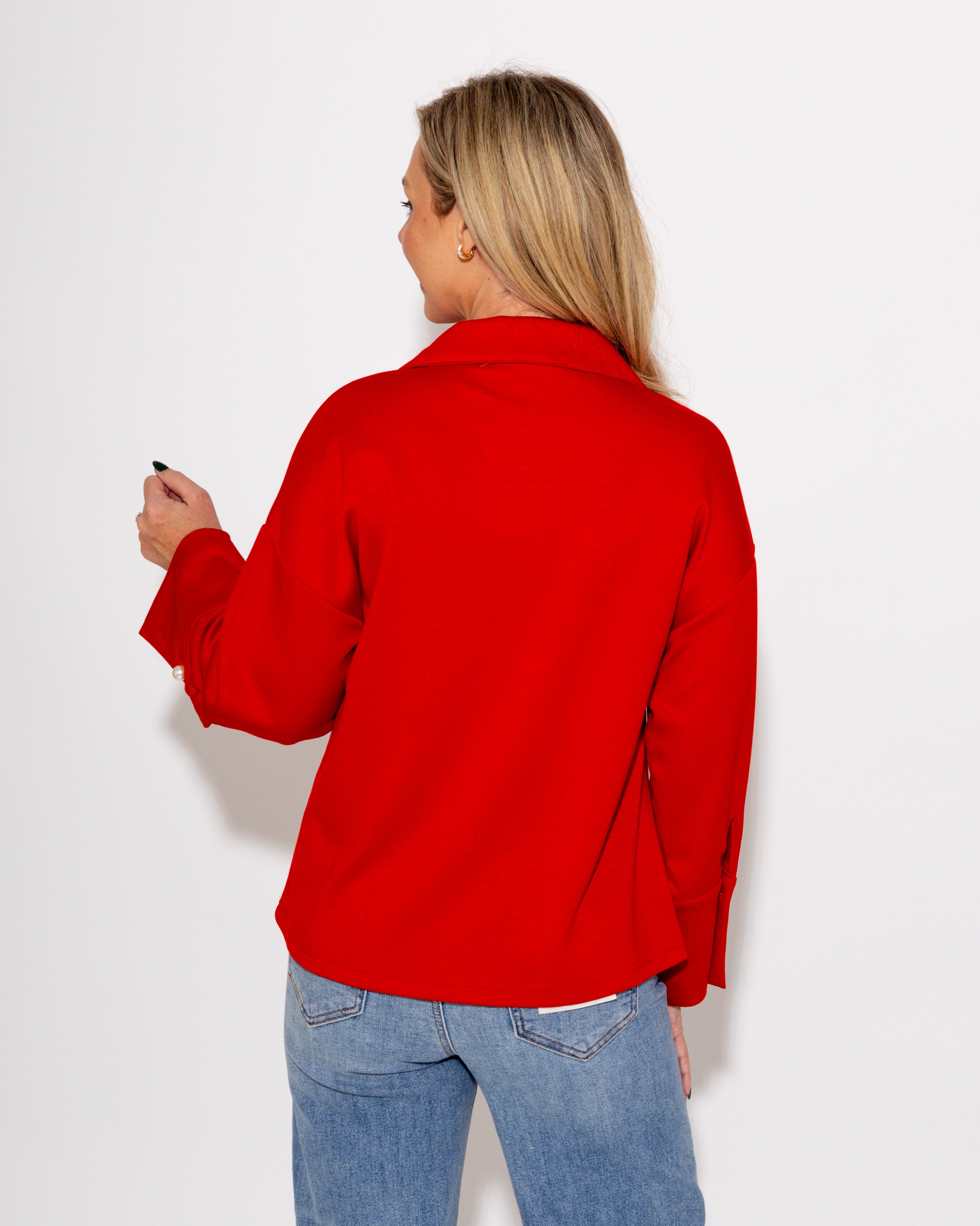 Pearl & Pleat Long Sleeve Blouse In Red