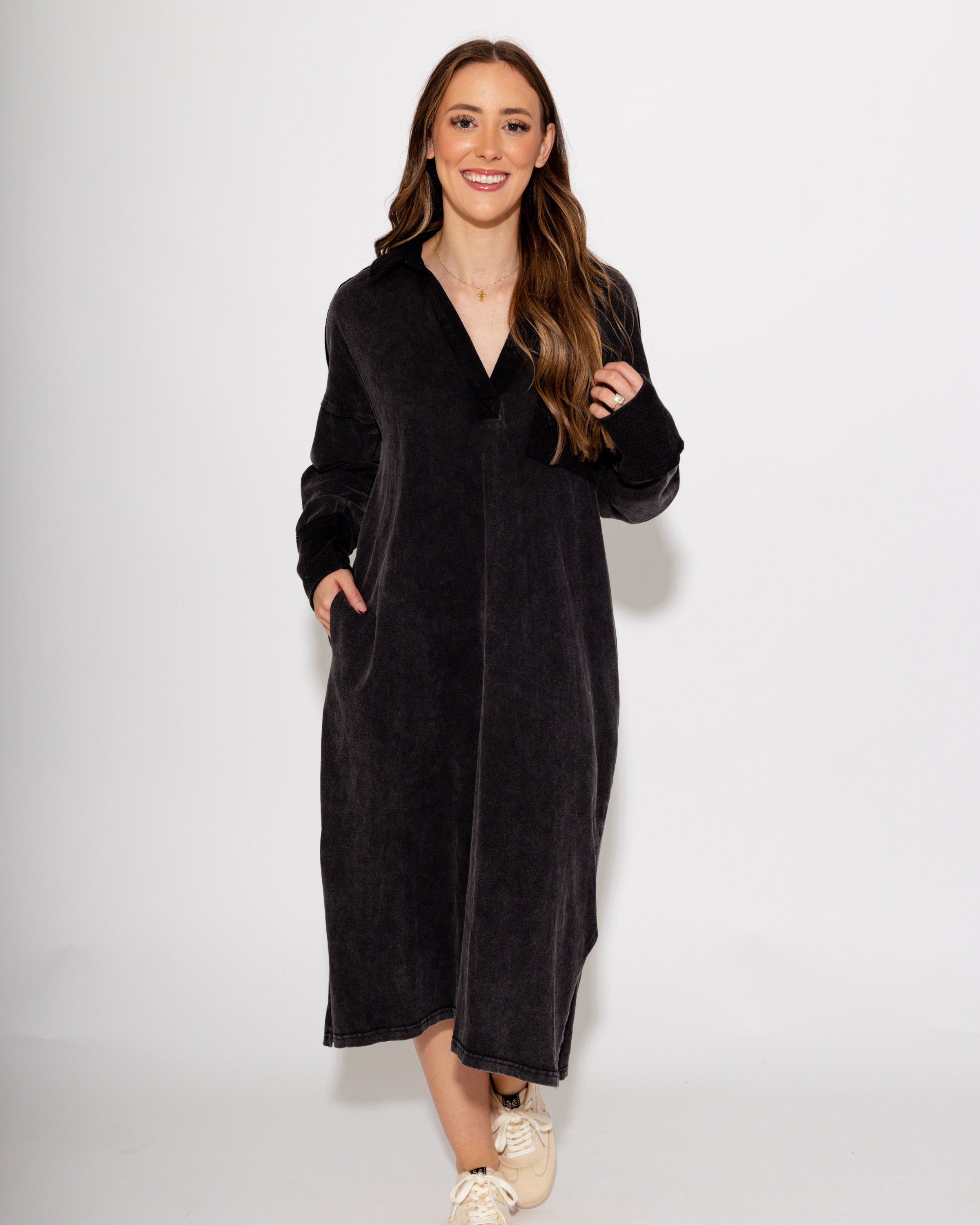 Mineral Washed Casual Midi Dress