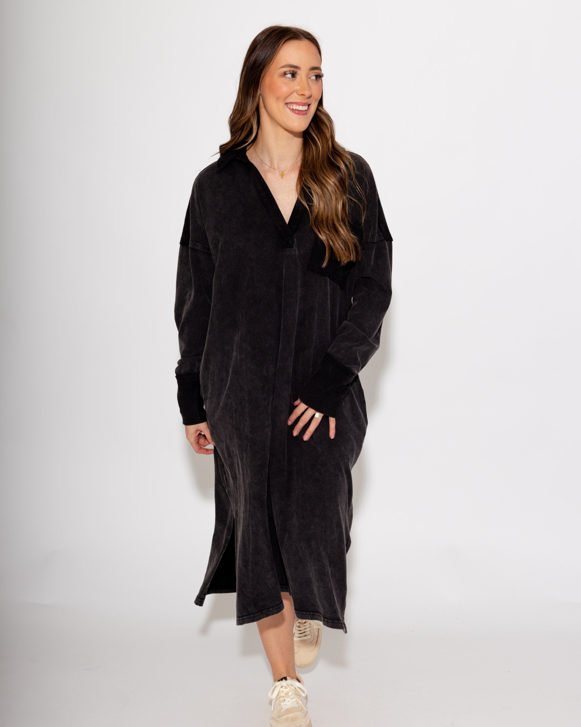 Mineral Washed Casual Midi Dress