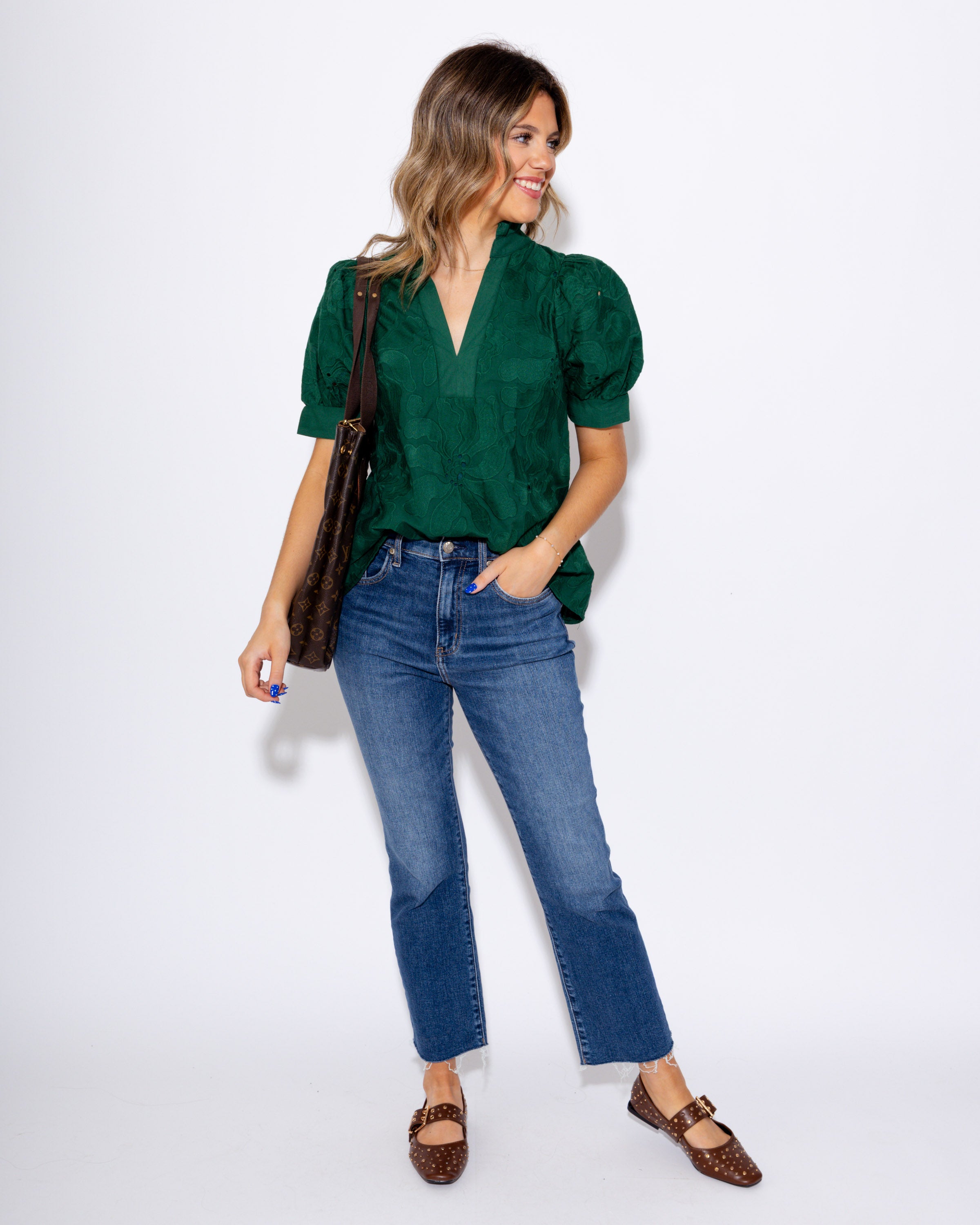 Green Floral Embrace Split Neck Puff Sleeve Top