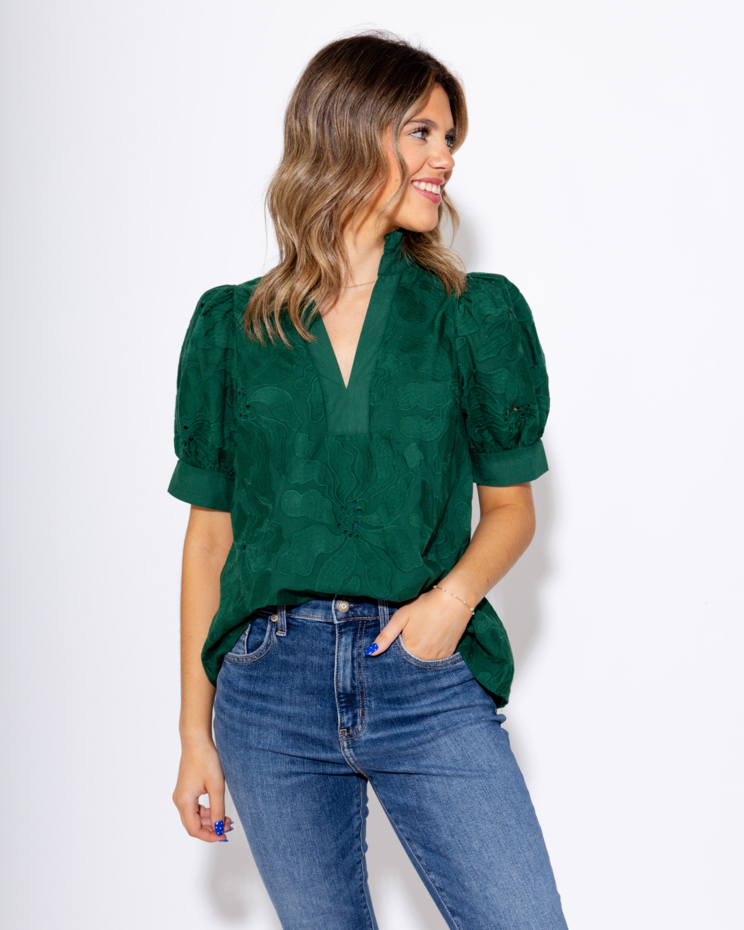Green Floral Embrace Split Neck Puff Sleeve Top