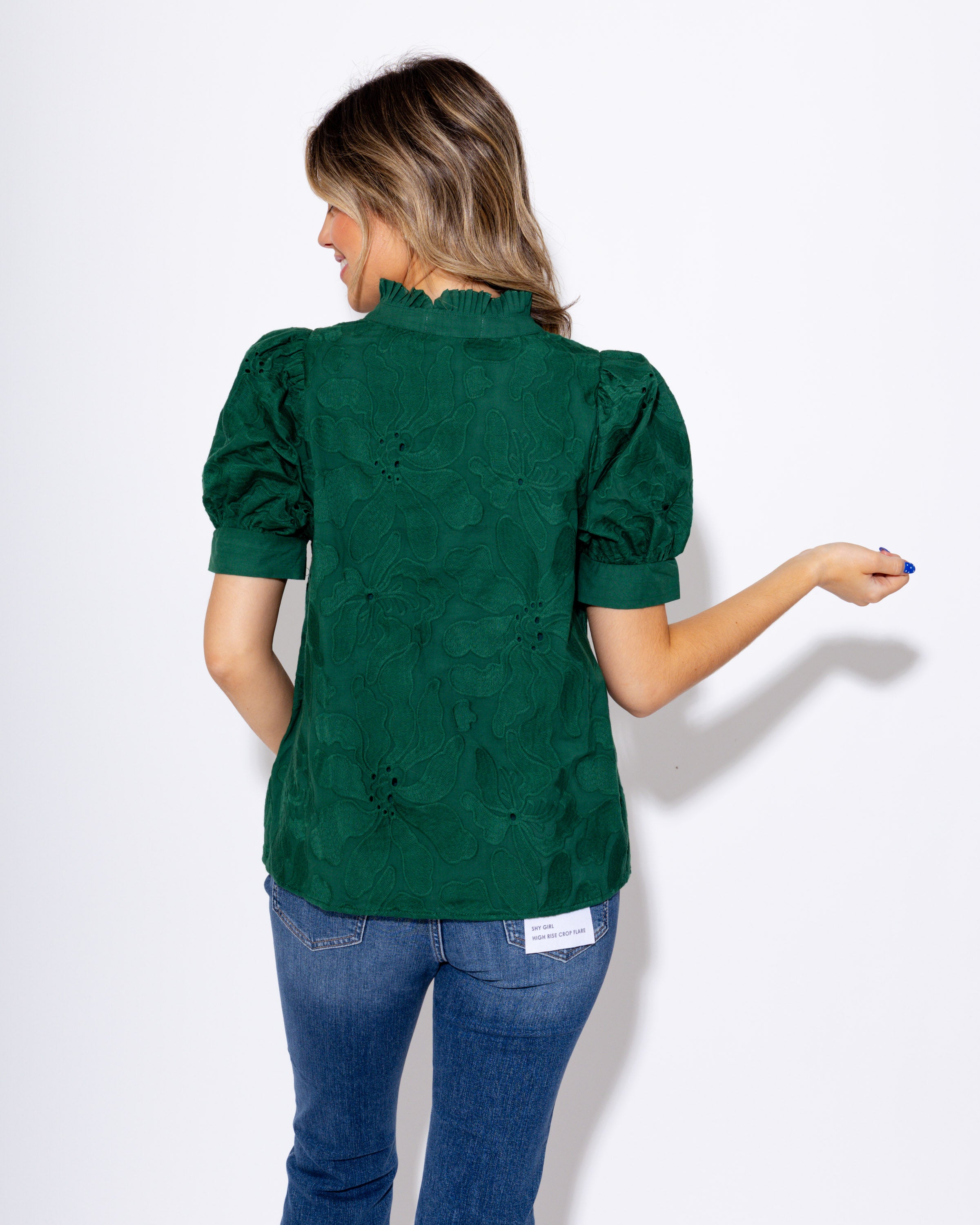 Green Floral Embrace Split Neck Puff Sleeve Top