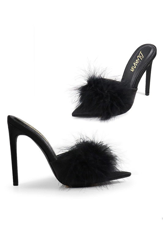 Laurent Feather Trim Heel in Black